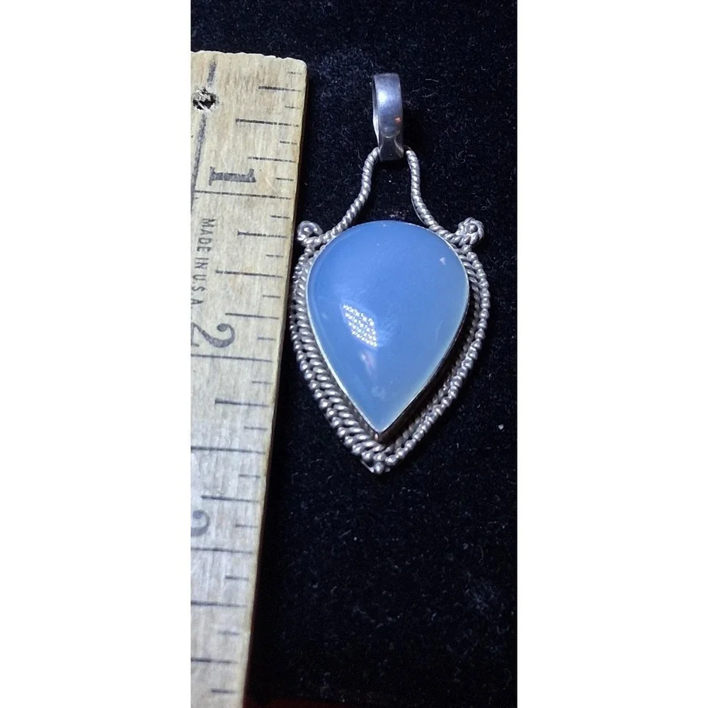 Blue Chalcedony Cabochon Pendant Vintage, 925 Sterling Silver